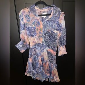 Misa Los Angeles Blue and Orange Ruffled 3/4 Sleeve Blouse